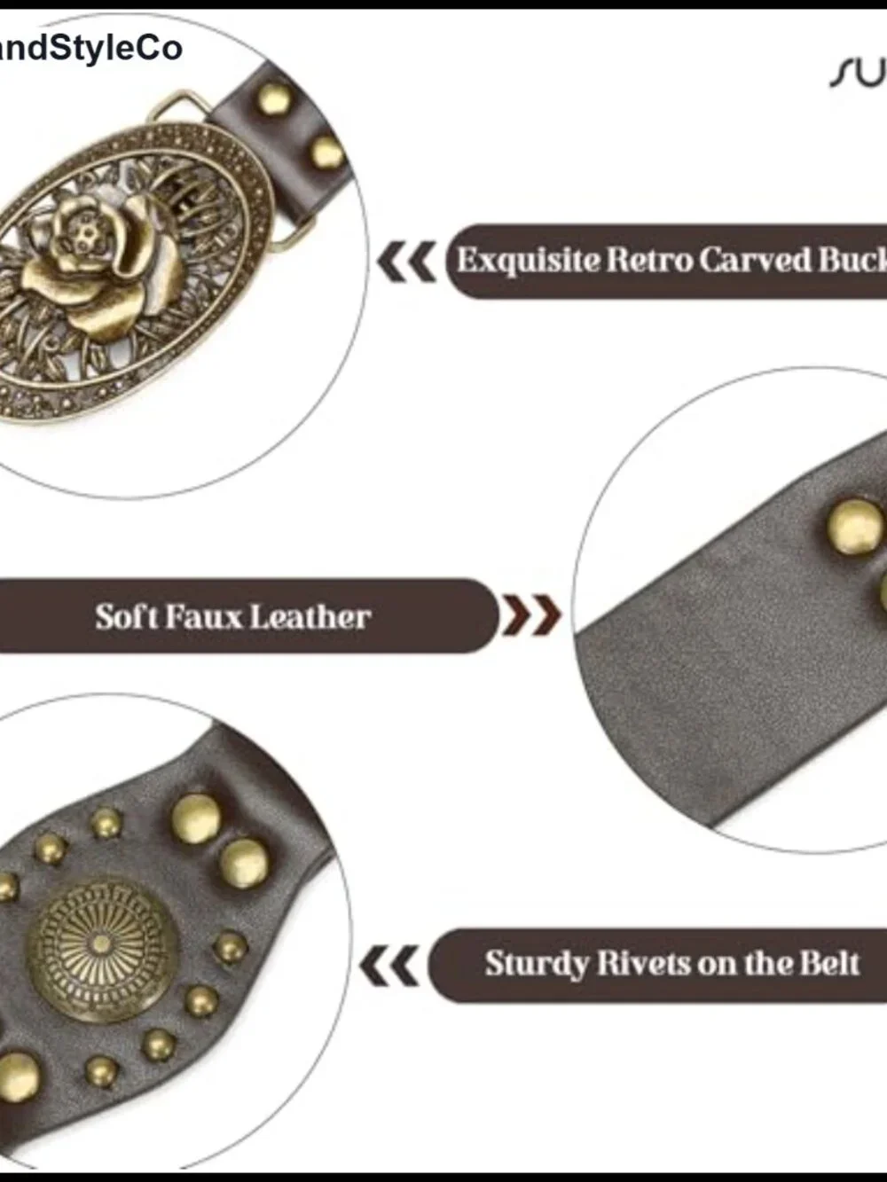 Women's Western Faux Leather Belt Vintage Studded Buckle Cowgirl
